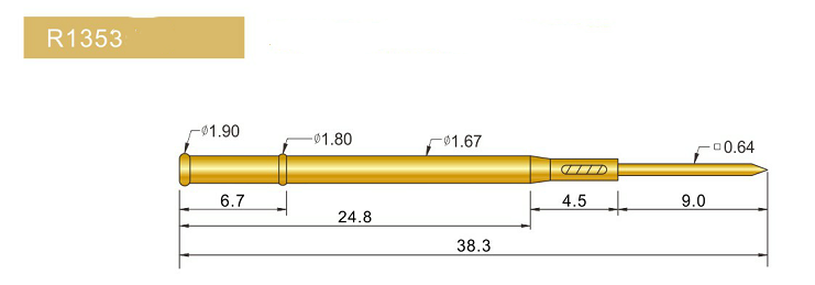 R1353-W探針套管、1.67mm測試針、總長38.3mm、彈簧針套管圖片、測試針套管圖片、頂針套管圖片、探針套管圖片