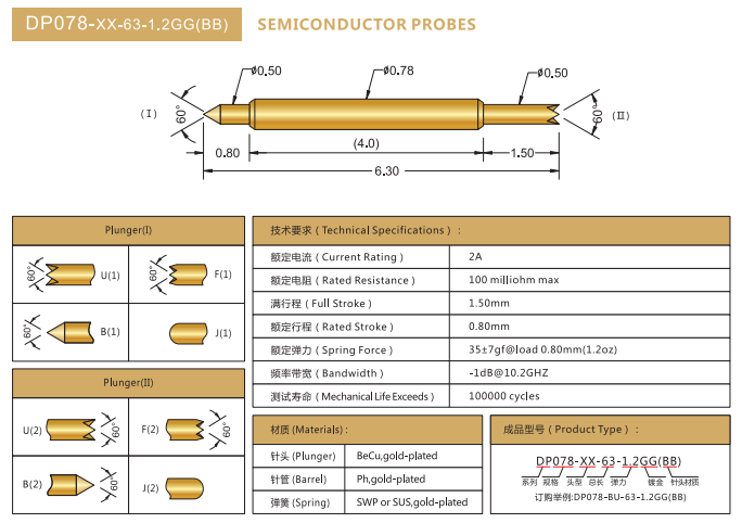 0.78mm雙頭探針，BGA測(cè)試針，華榮華BGA雙頭彈簧針廠家